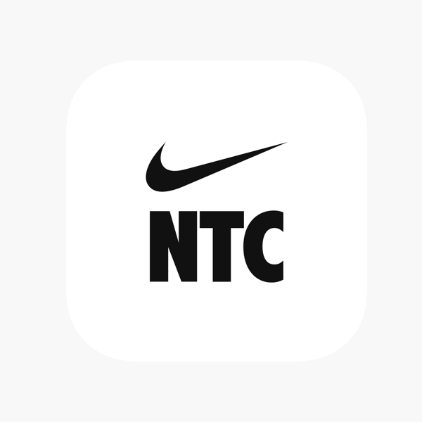 Logo de l'application mobile « Nike Training Club », où se situent les lettres majuscules noires « N », « T » et « C ». Le logo de la compagnie Nike est situé au-dessus des lettres.